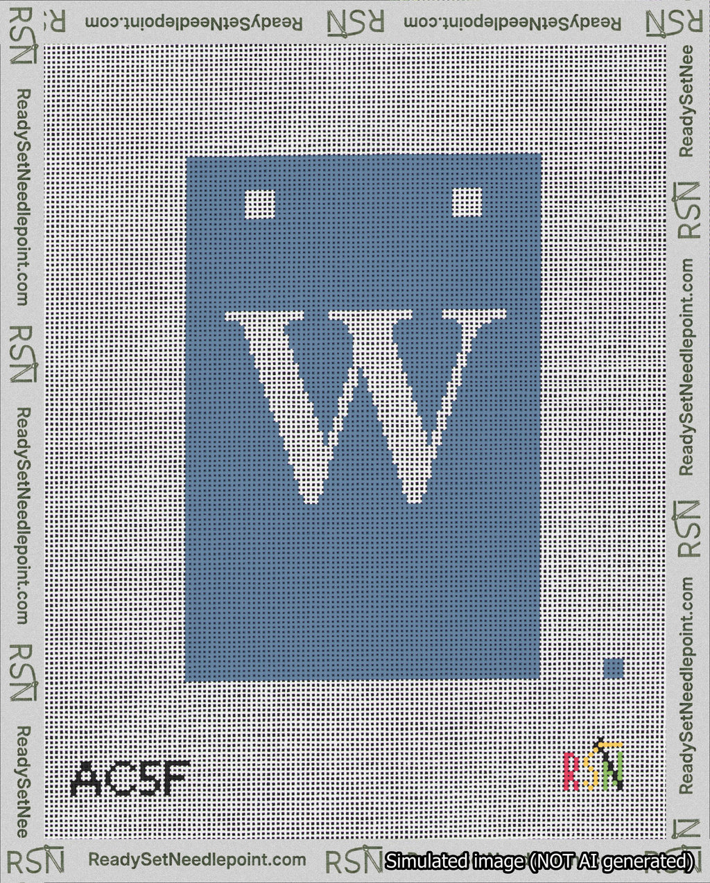 A taped needlepoint canvas with the design: Banner 18 mesh count Squared W White on Blue.