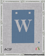 A taped needlepoint canvas with the design: Banner 18 mesh count Squared W White on Blue.