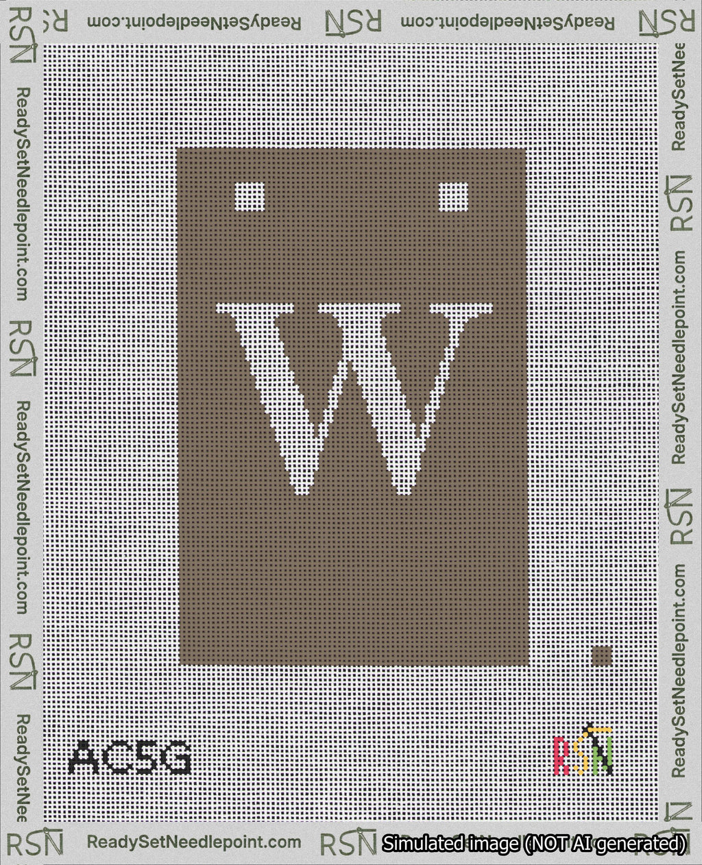 A taped needlepoint canvas with the design: Banner 18 mesh count Squared W White on Brown.