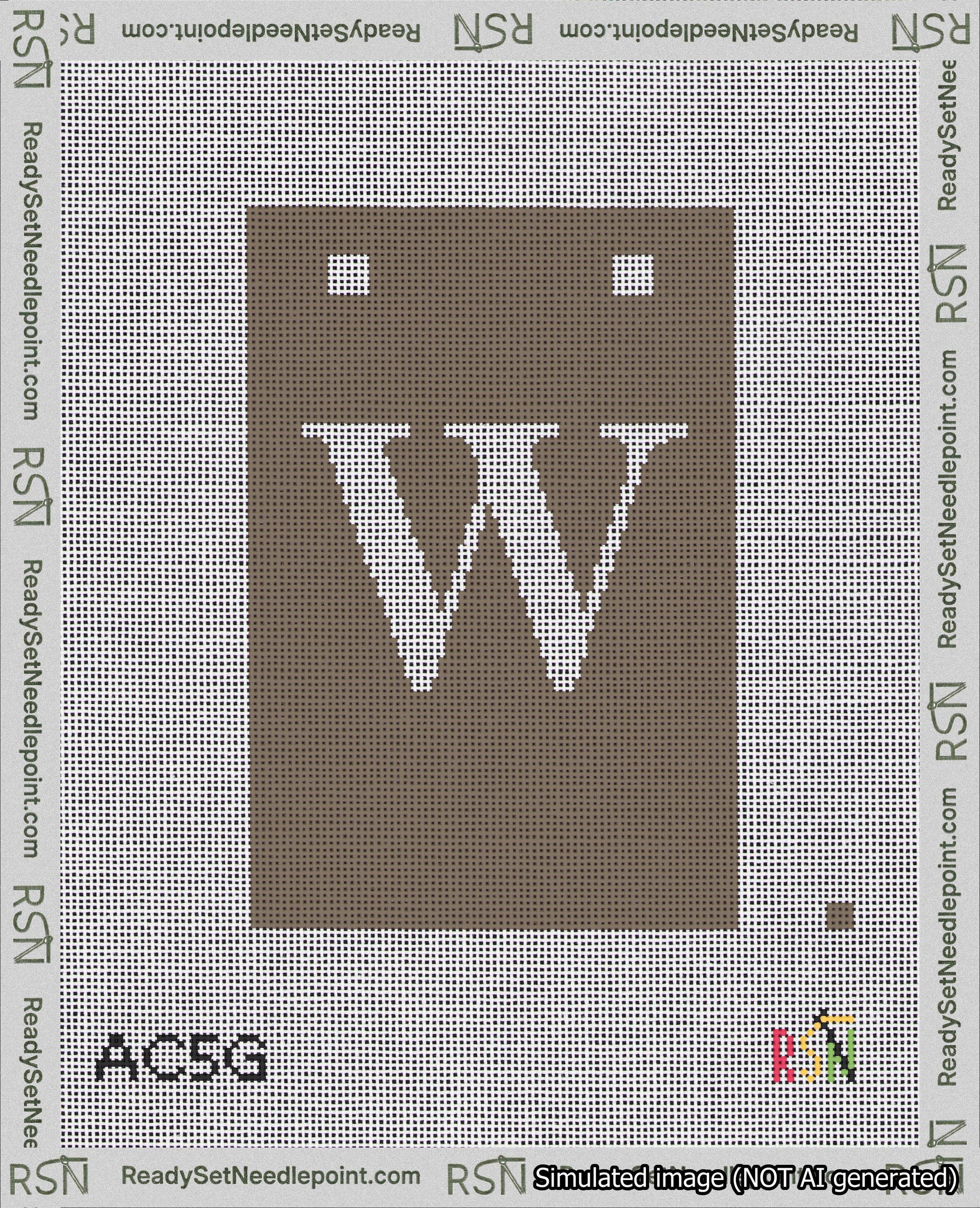 A taped needlepoint canvas with the design: Banner 18 mesh count Squared W White on Brown.