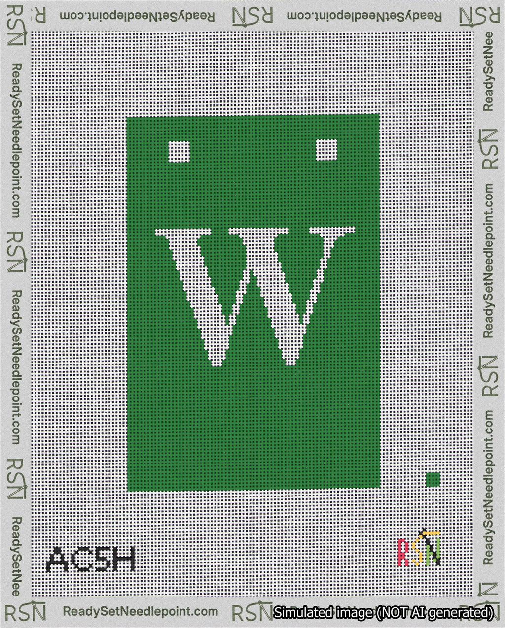 A taped needlepoint canvas with the design: Banner 18 mesh count Squared W White on Green.