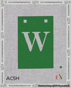 A taped needlepoint canvas with the design: Banner 18 mesh count Squared W White on Green.