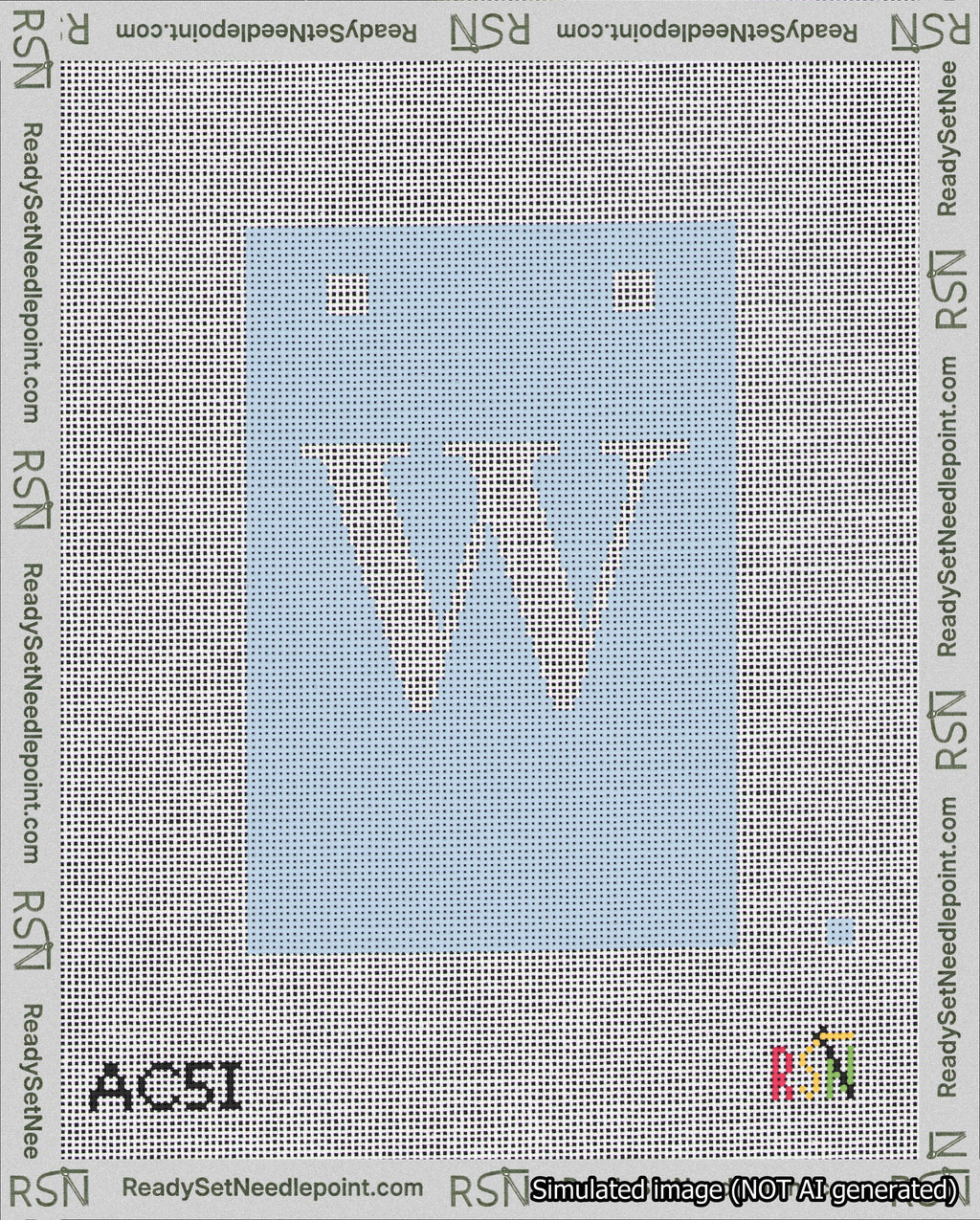A taped needlepoint canvas with the design: Banner 18 mesh count Squared W White on Light Blue.