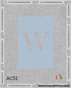A taped needlepoint canvas with the design: Banner 18 mesh count Squared W White on Light Blue.