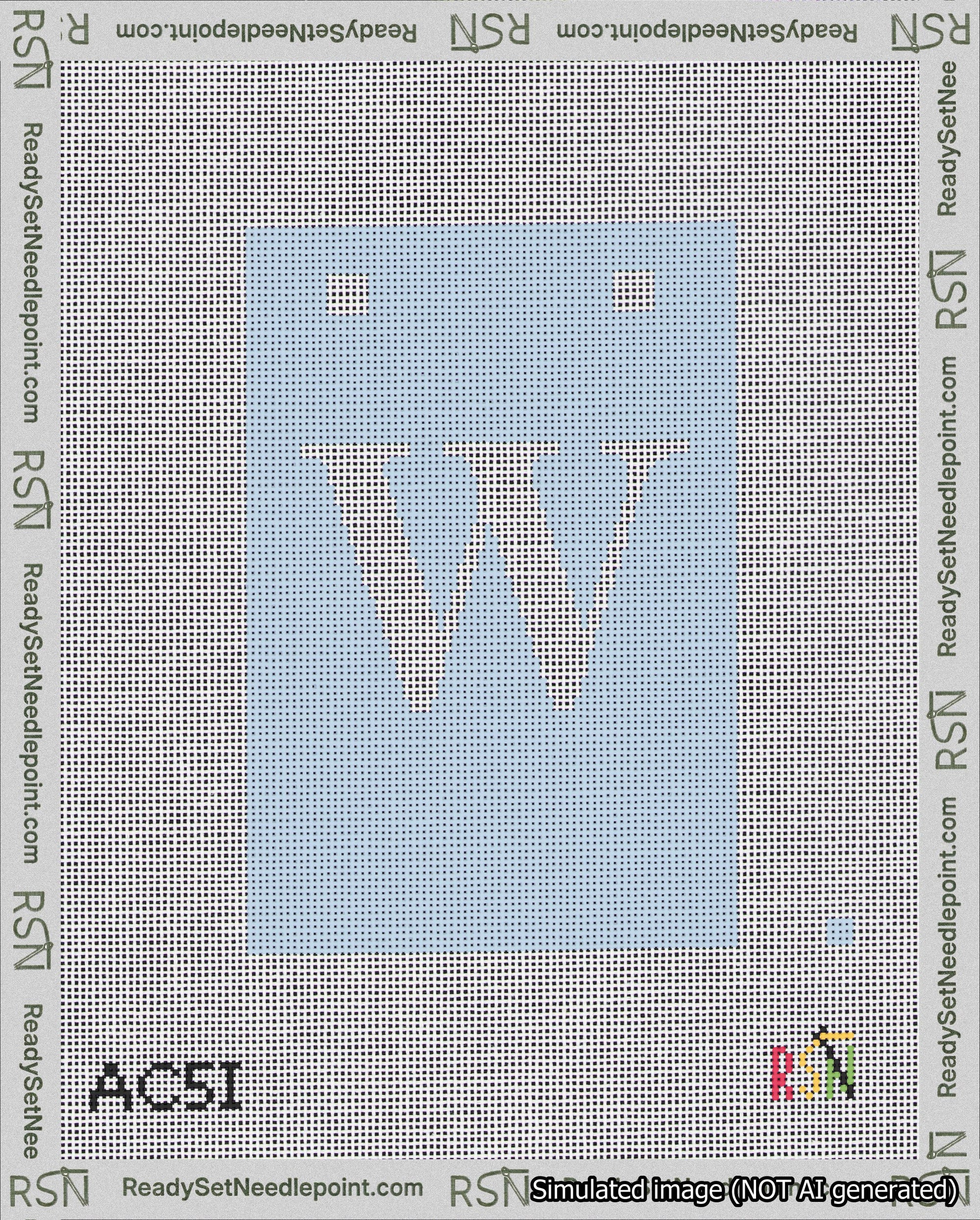 A taped needlepoint canvas with the design: Banner 18 mesh count Squared W White on Light Blue.