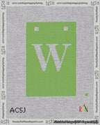 A taped needlepoint canvas with the design: Banner 18 mesh count Squared W White on Light Green.