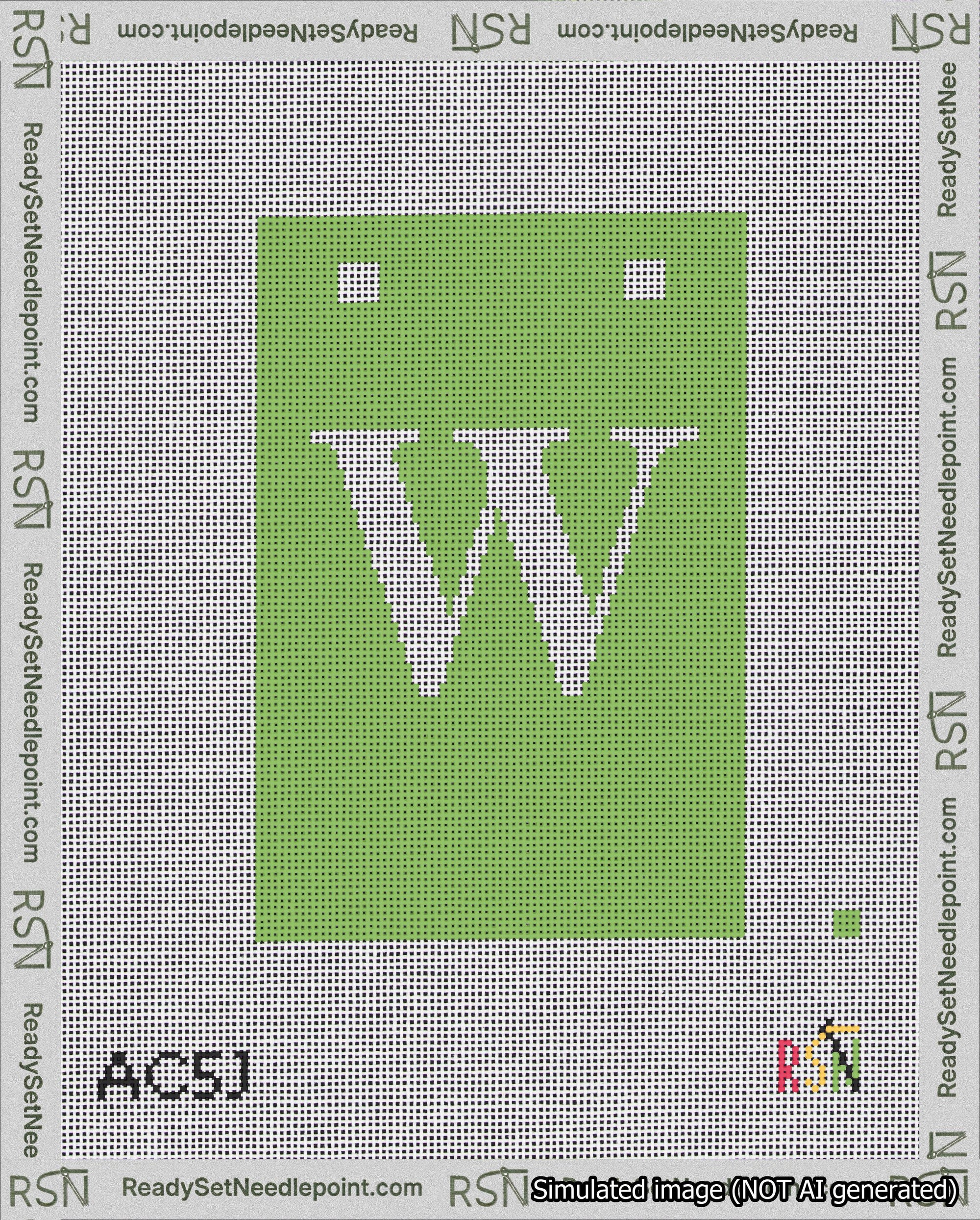 A taped needlepoint canvas with the design: Banner 18 mesh count Squared W White on Light Green.
