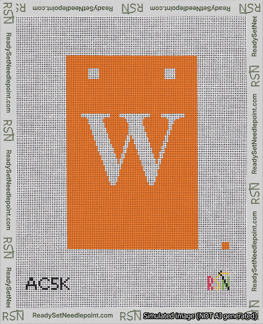 A taped needlepoint canvas with the design: Banner 18 mesh count Squared W White on Orange.