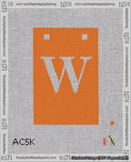 A taped needlepoint canvas with the design: Banner 18 mesh count Squared W White on Orange.