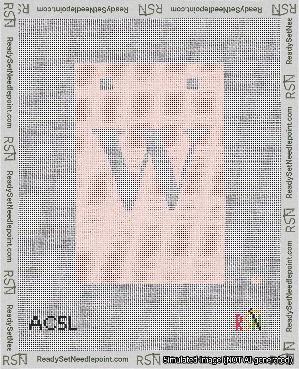 A taped needlepoint canvas with the design: Banner 18 mesh count Squared W White on Pink.