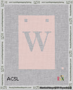 A taped needlepoint canvas with the design: Banner 18 mesh count Squared W White on Pink.