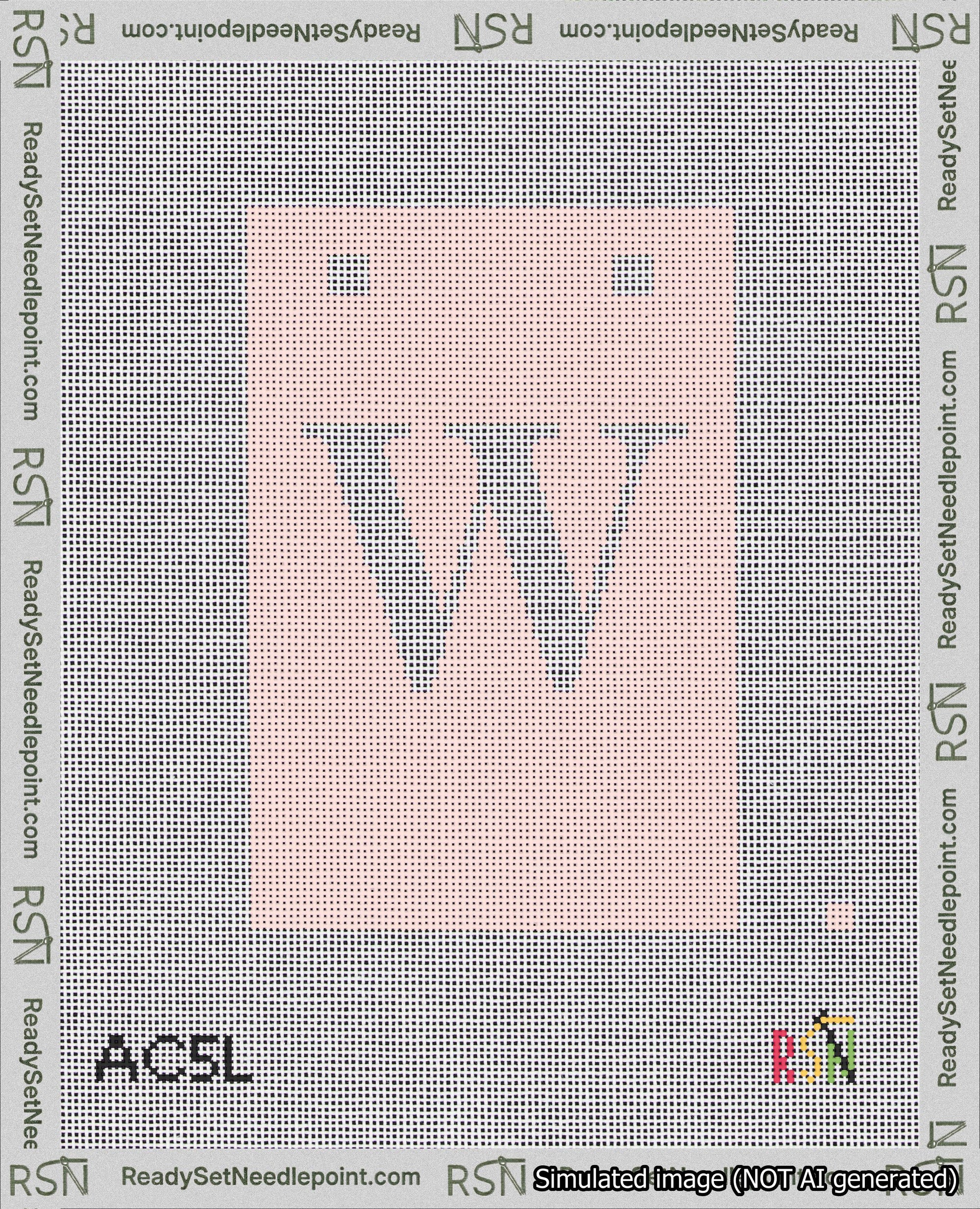 A taped needlepoint canvas with the design: Banner 18 mesh count Squared W White on Pink.