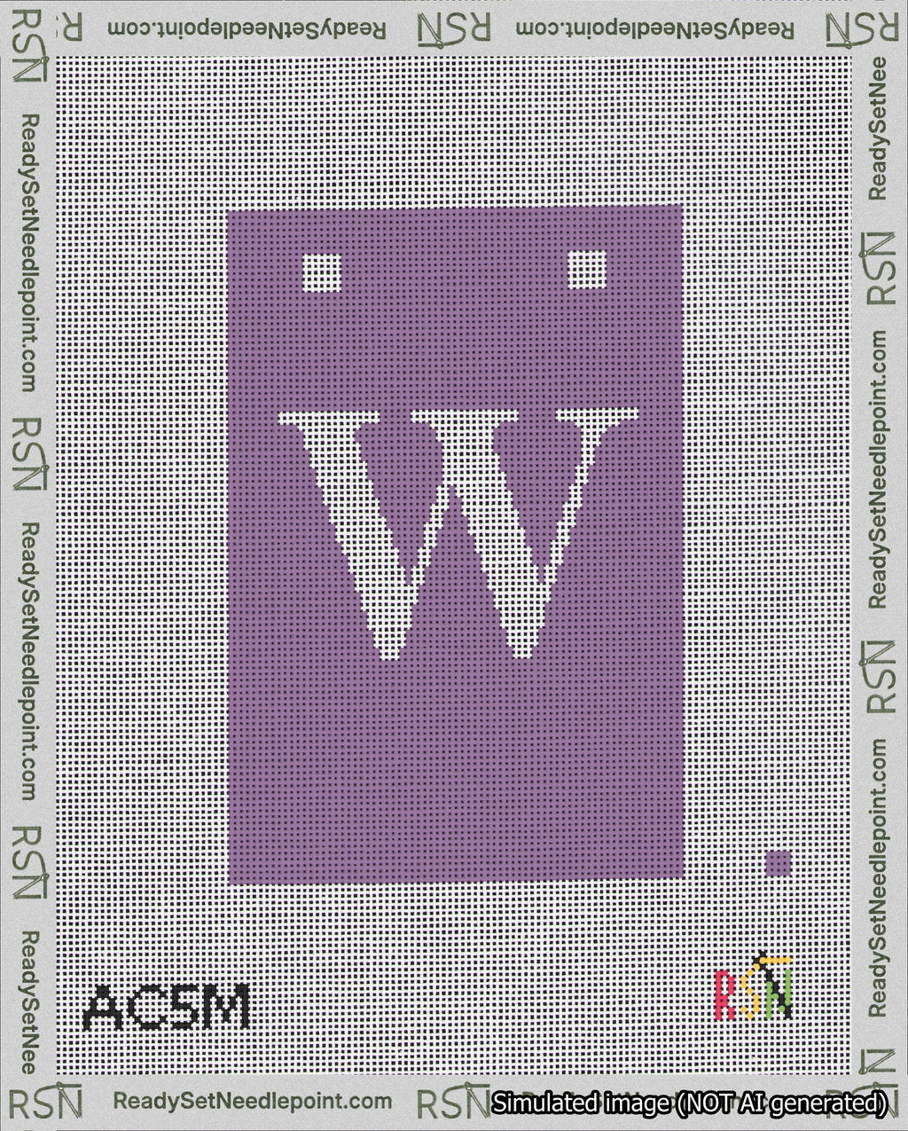 A taped needlepoint canvas with the design: Banner 18 mesh count Squared W White on Purple.
