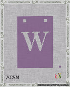 A taped needlepoint canvas with the design: Banner 18 mesh count Squared W White on Purple.