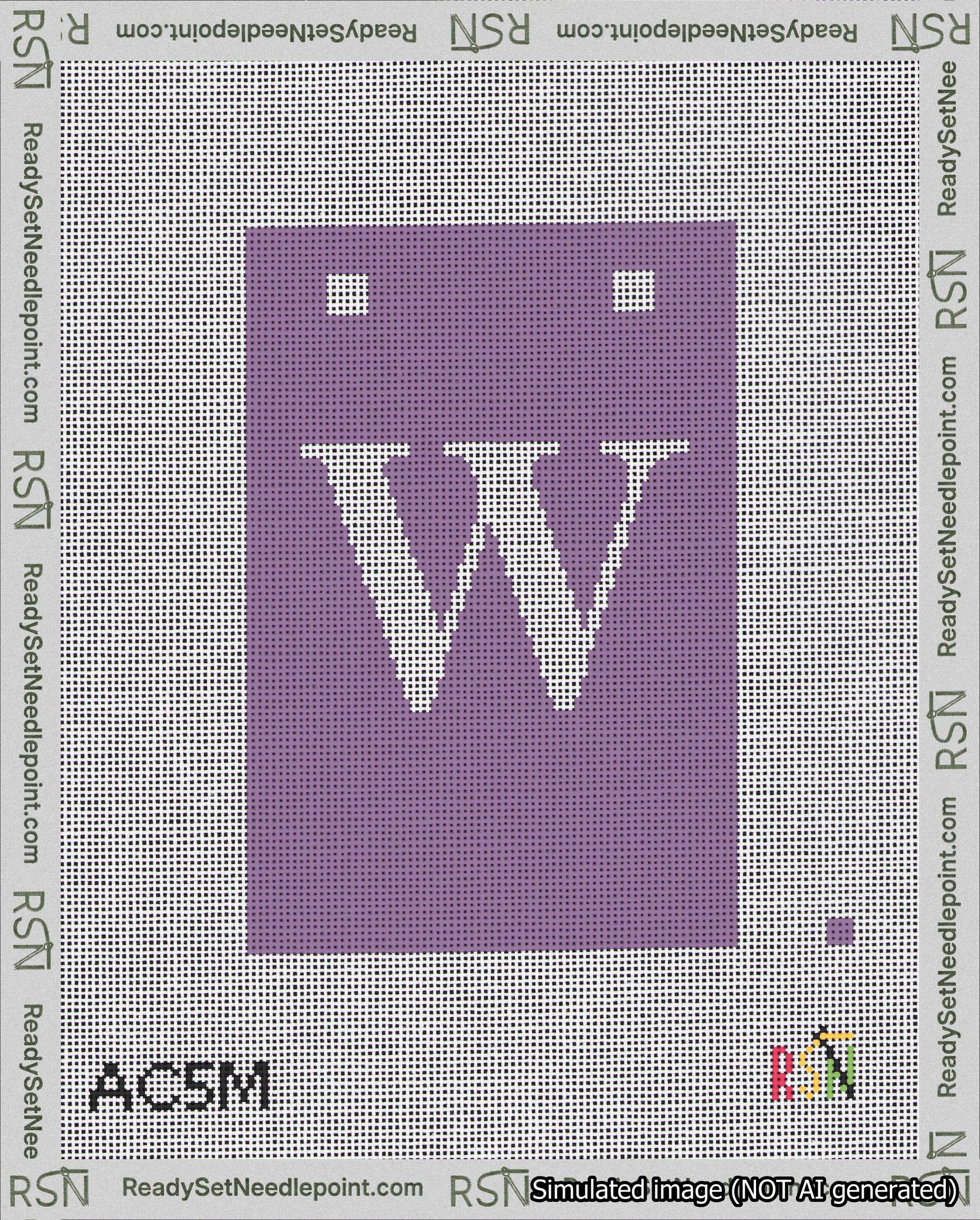 A taped needlepoint canvas with the design: Banner 18 mesh count Squared W White on Purple.
