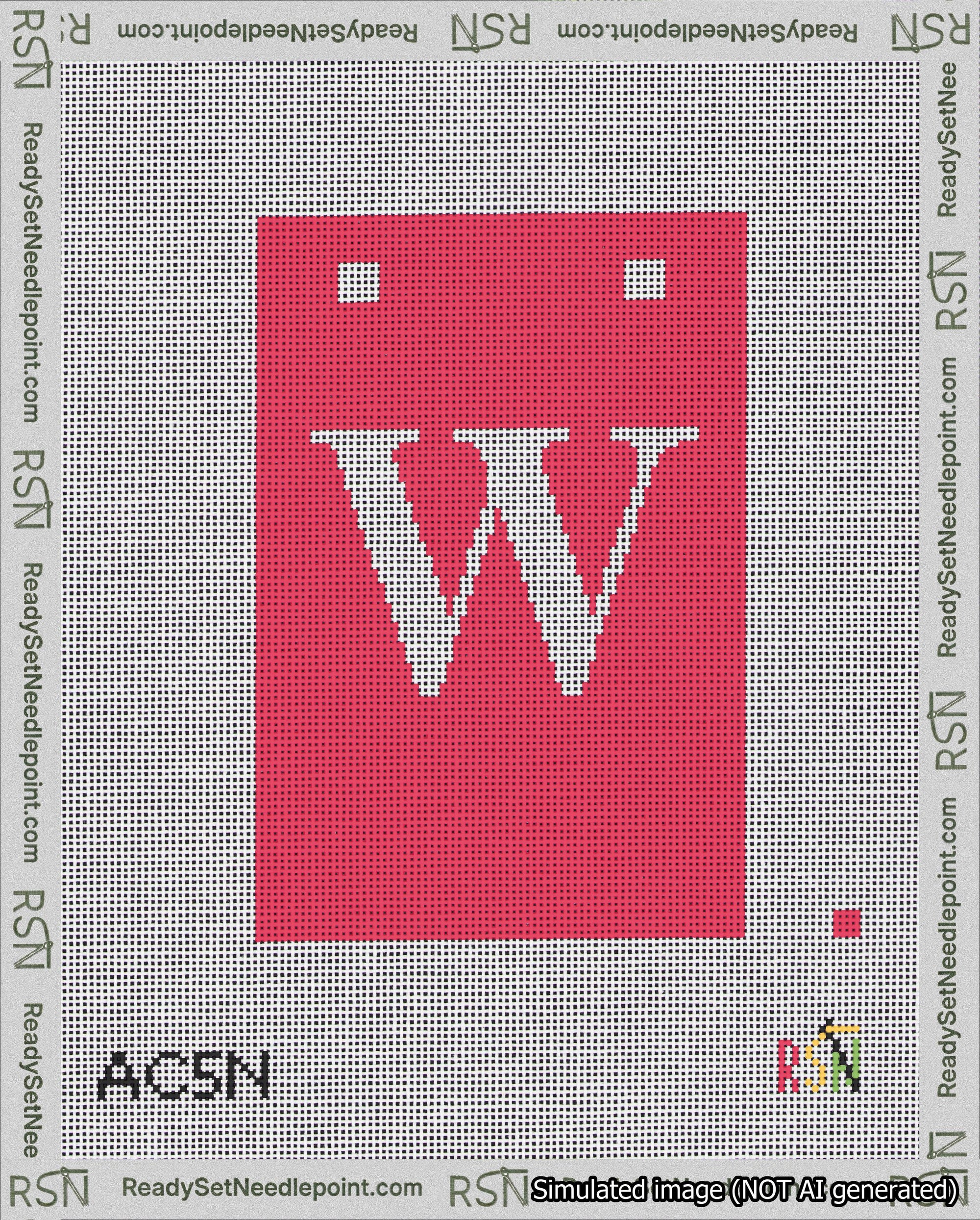 A taped needlepoint canvas with the design: Banner 18 mesh count Squared W White on Red.