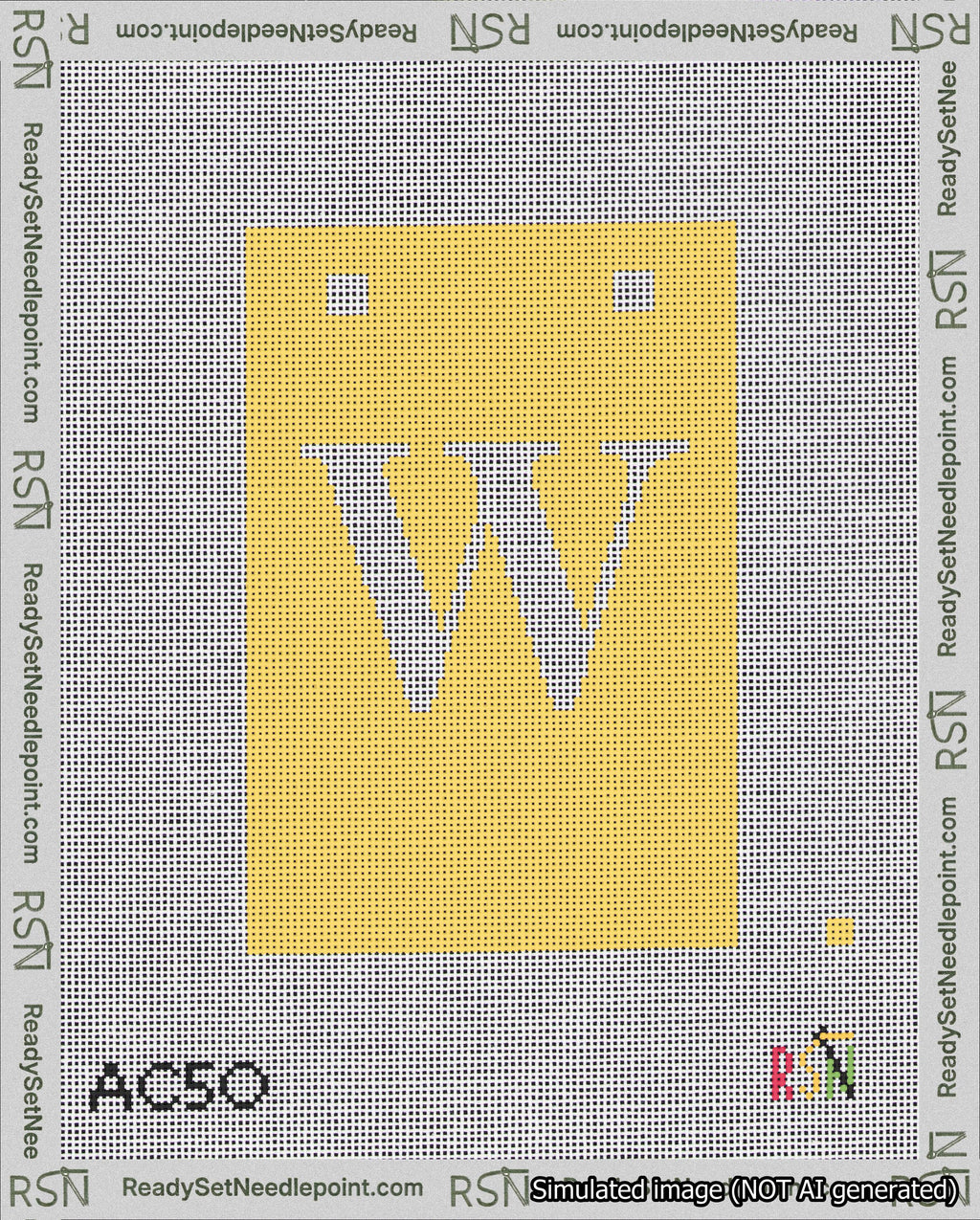 A taped needlepoint canvas with the design: Banner 18 mesh count Squared W White on Yellow.