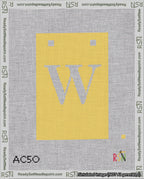 A taped needlepoint canvas with the design: Banner 18 mesh count Squared W White on Yellow.