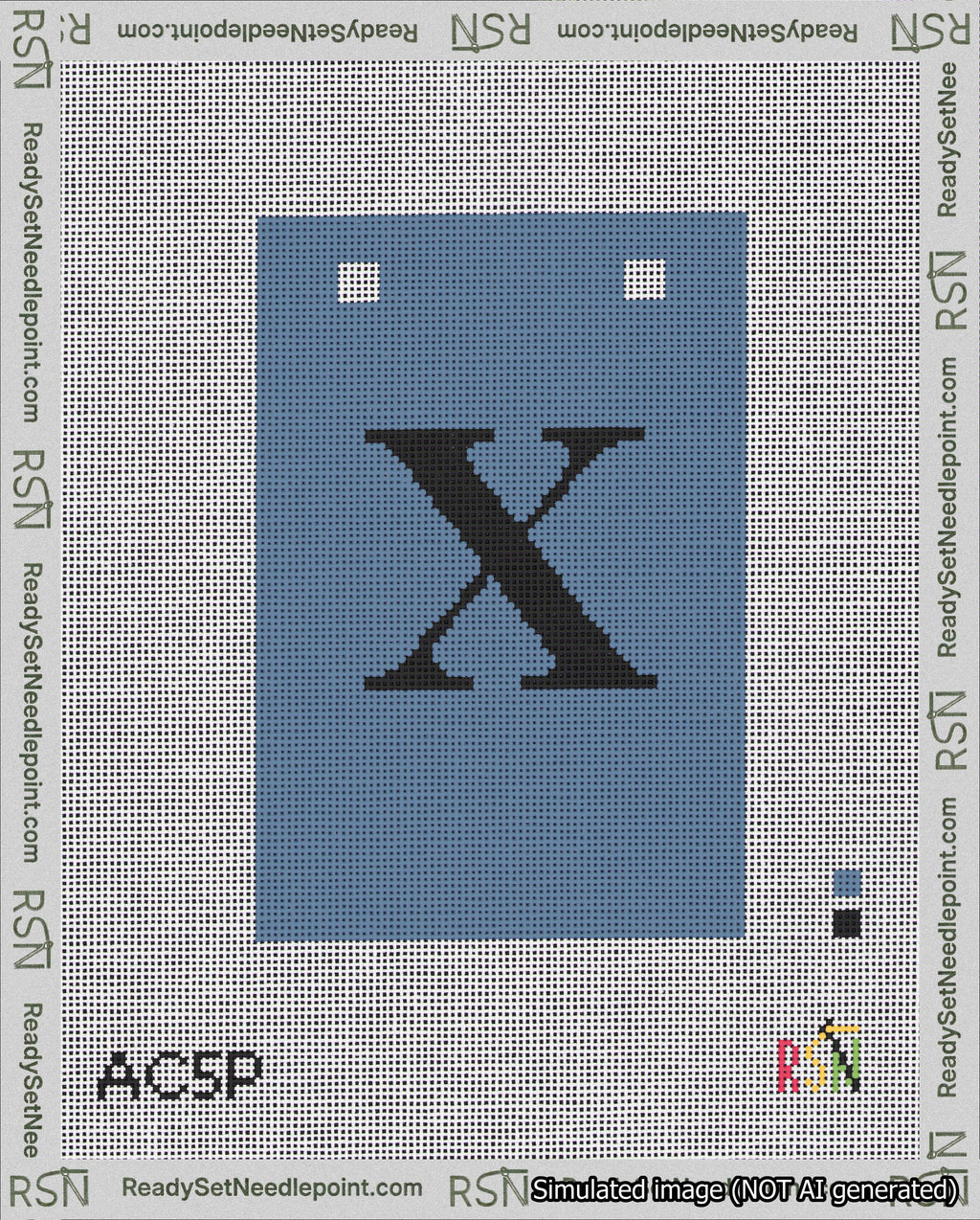 A taped needlepoint canvas with the design: Banner 18 mesh count Squared X Black on Blue.
