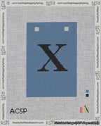 A taped needlepoint canvas with the design: Banner 18 mesh count Squared X Black on Blue.