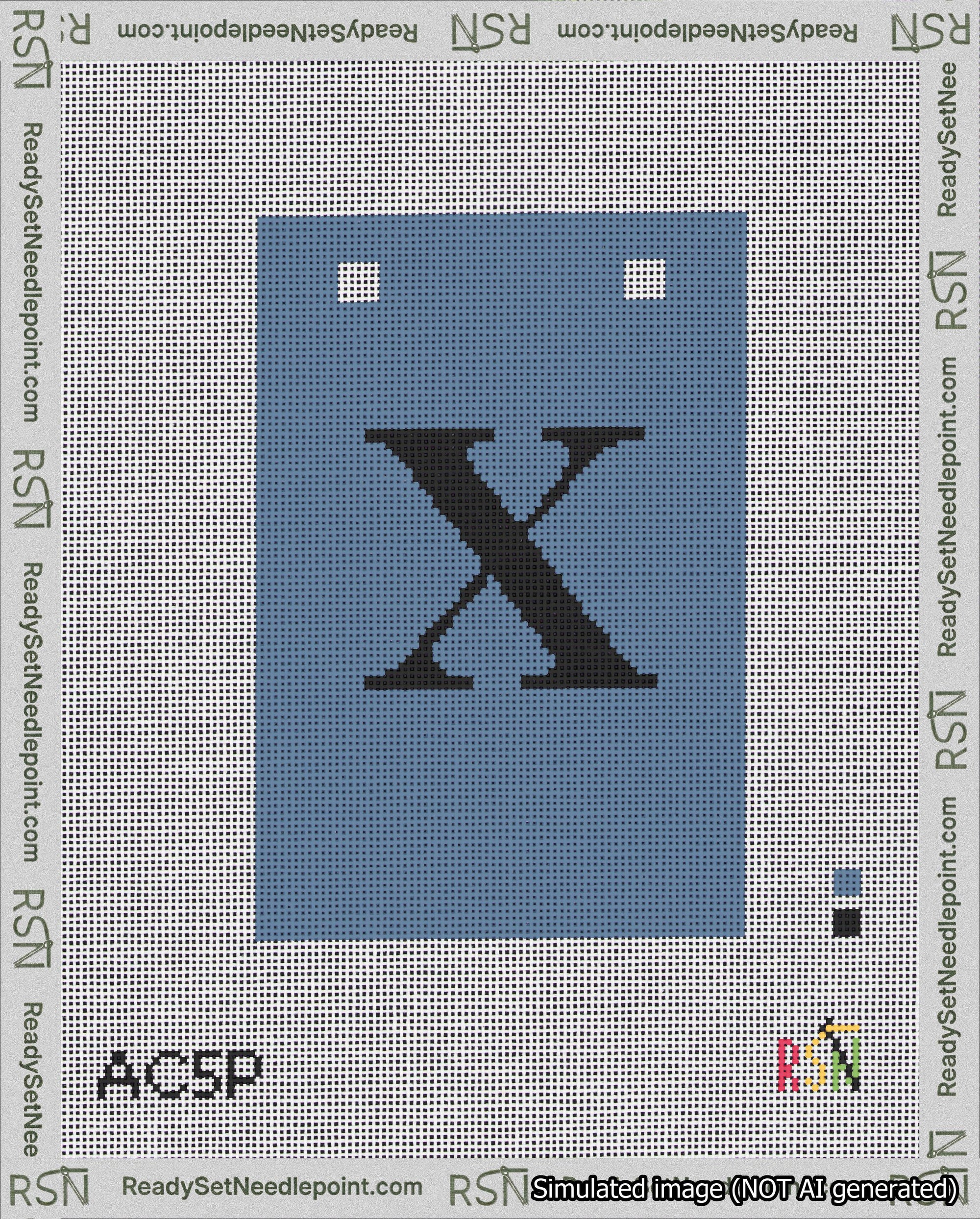 A taped needlepoint canvas with the design: Banner 18 mesh count Squared X Black on Blue.