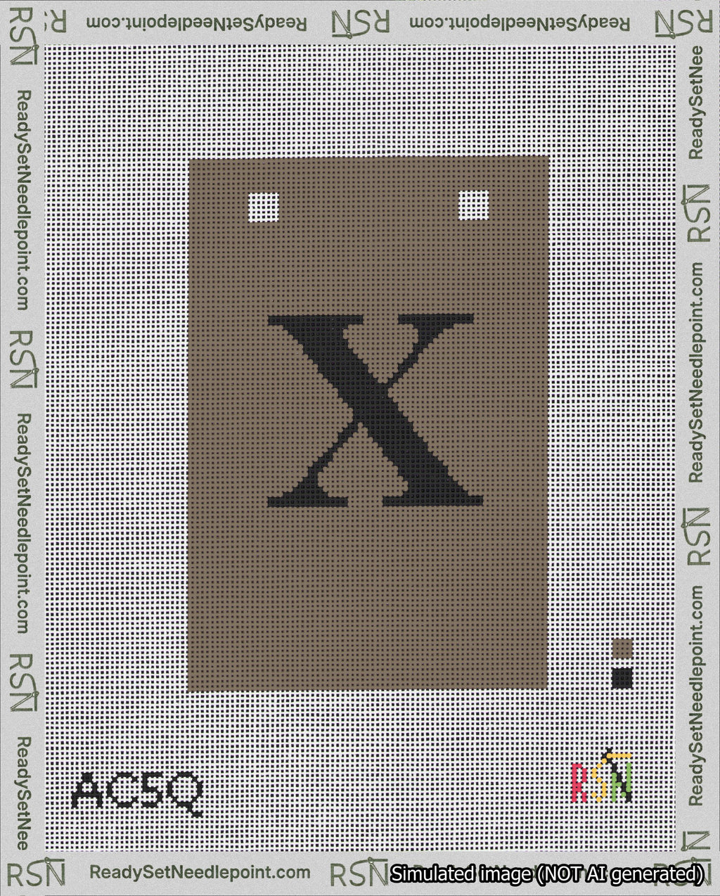 A taped needlepoint canvas with the design: Banner 18 mesh count Squared X Black on Brown.
