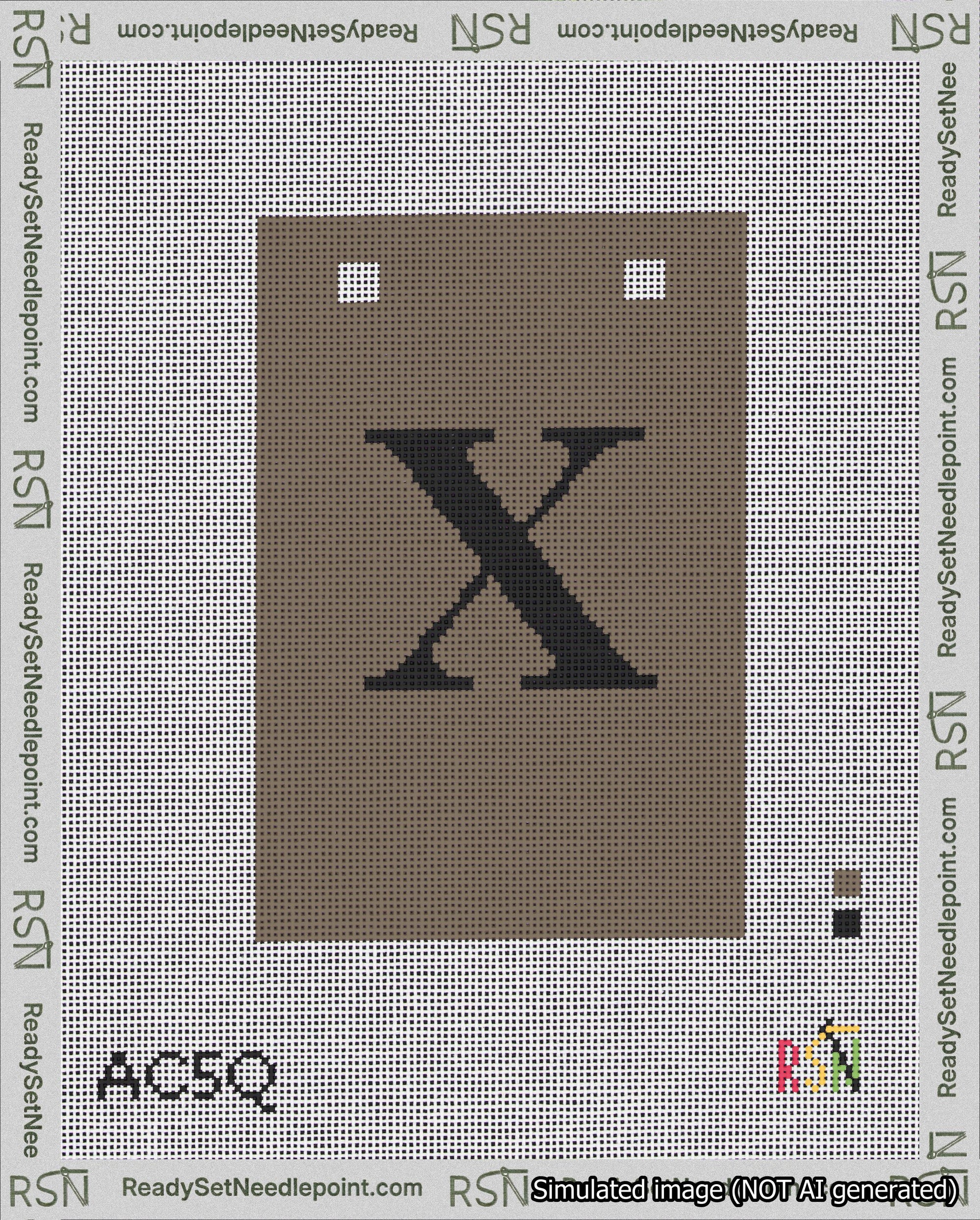 A taped needlepoint canvas with the design: Banner 18 mesh count Squared X Black on Brown.