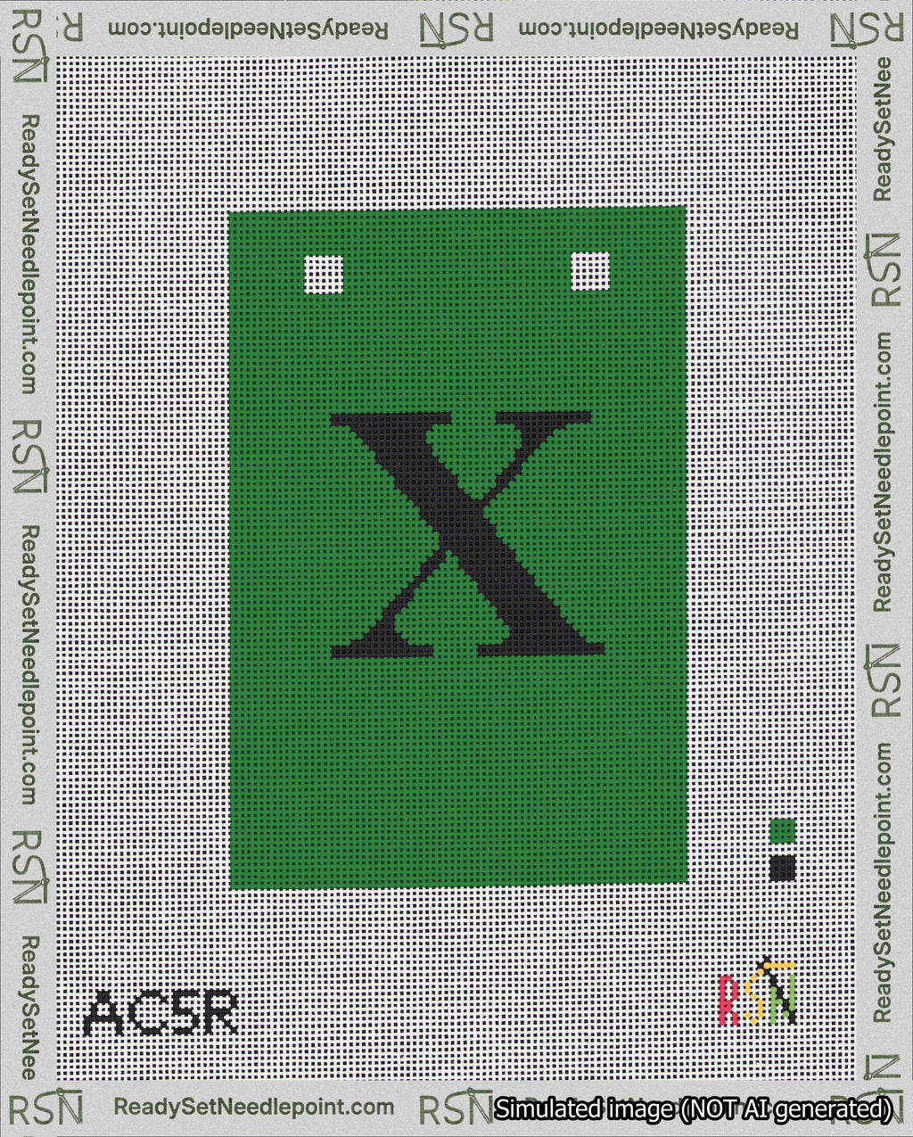 A taped needlepoint canvas with the design: Banner 18 mesh count Squared X Black on Green.