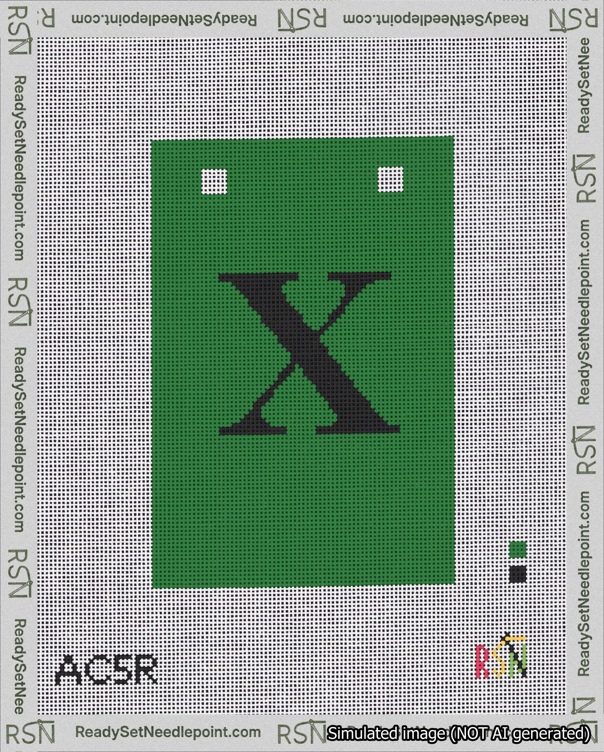 A taped needlepoint canvas with the design: Banner 18 mesh count Squared X Black on Green.