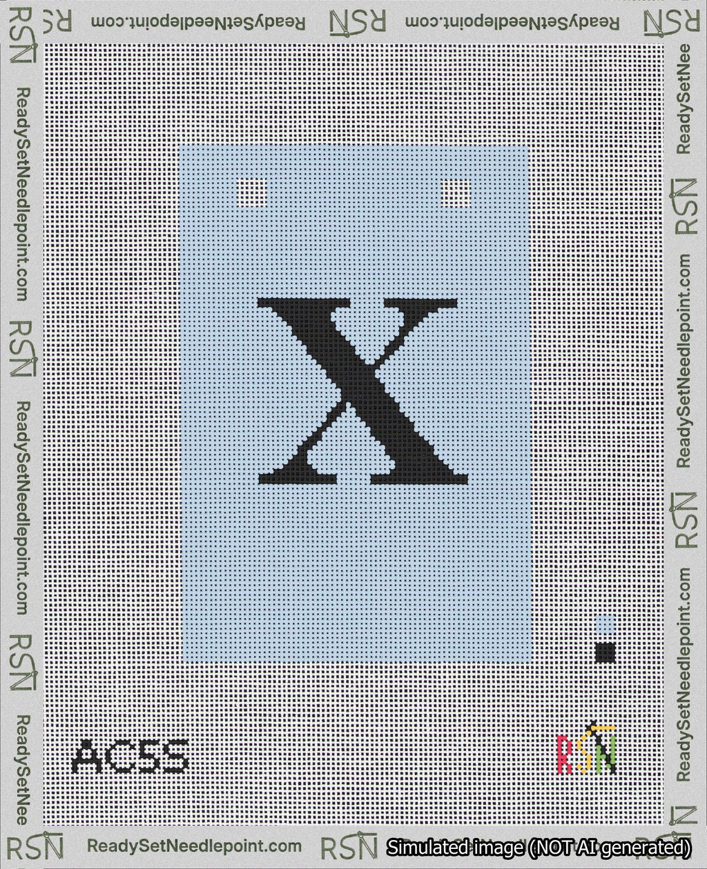 A taped needlepoint canvas with the design: Banner 18 mesh count Squared X Black on Light Blue.