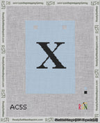 A taped needlepoint canvas with the design: Banner 18 mesh count Squared X Black on Light Blue.