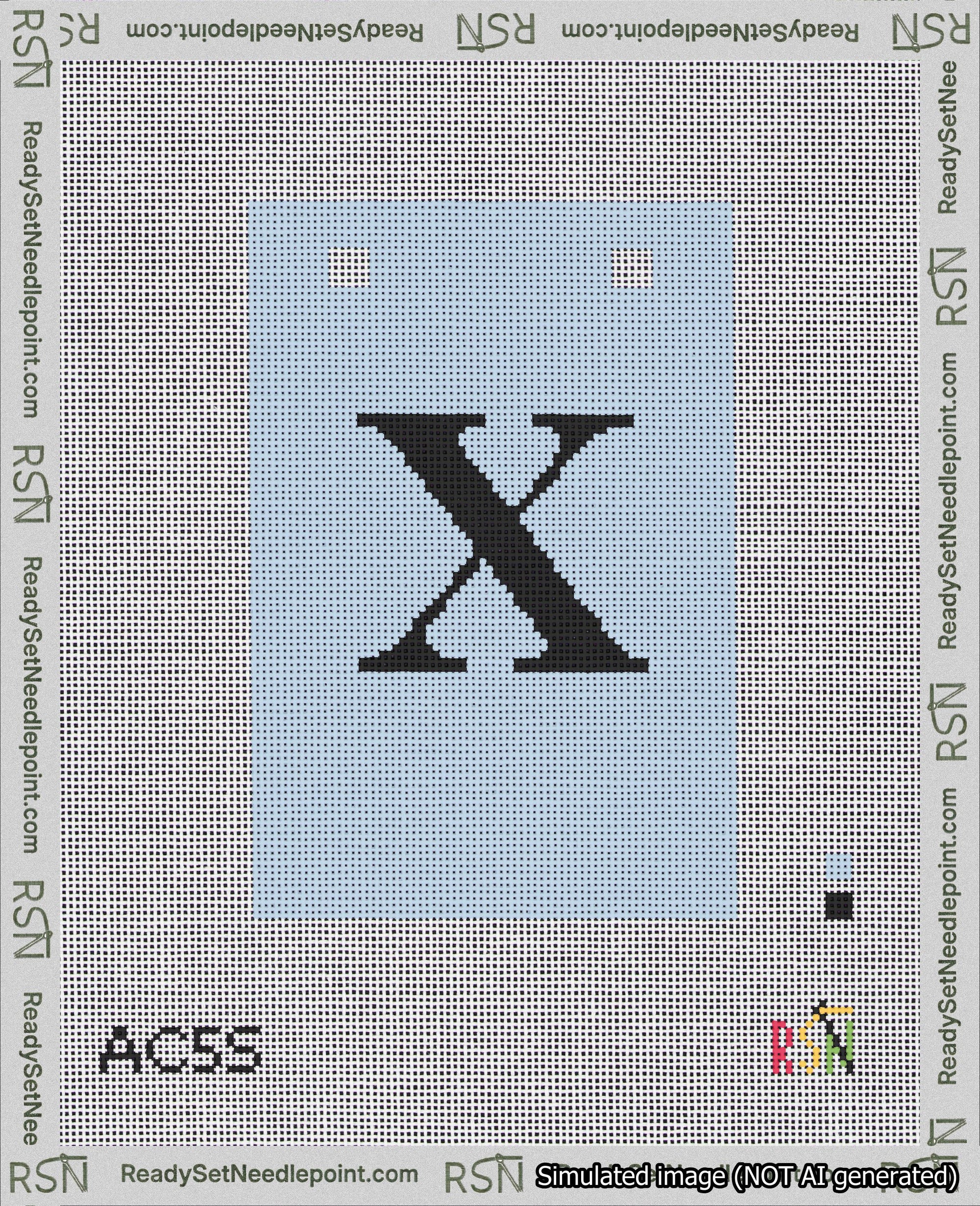 A taped needlepoint canvas with the design: Banner 18 mesh count Squared X Black on Light Blue.