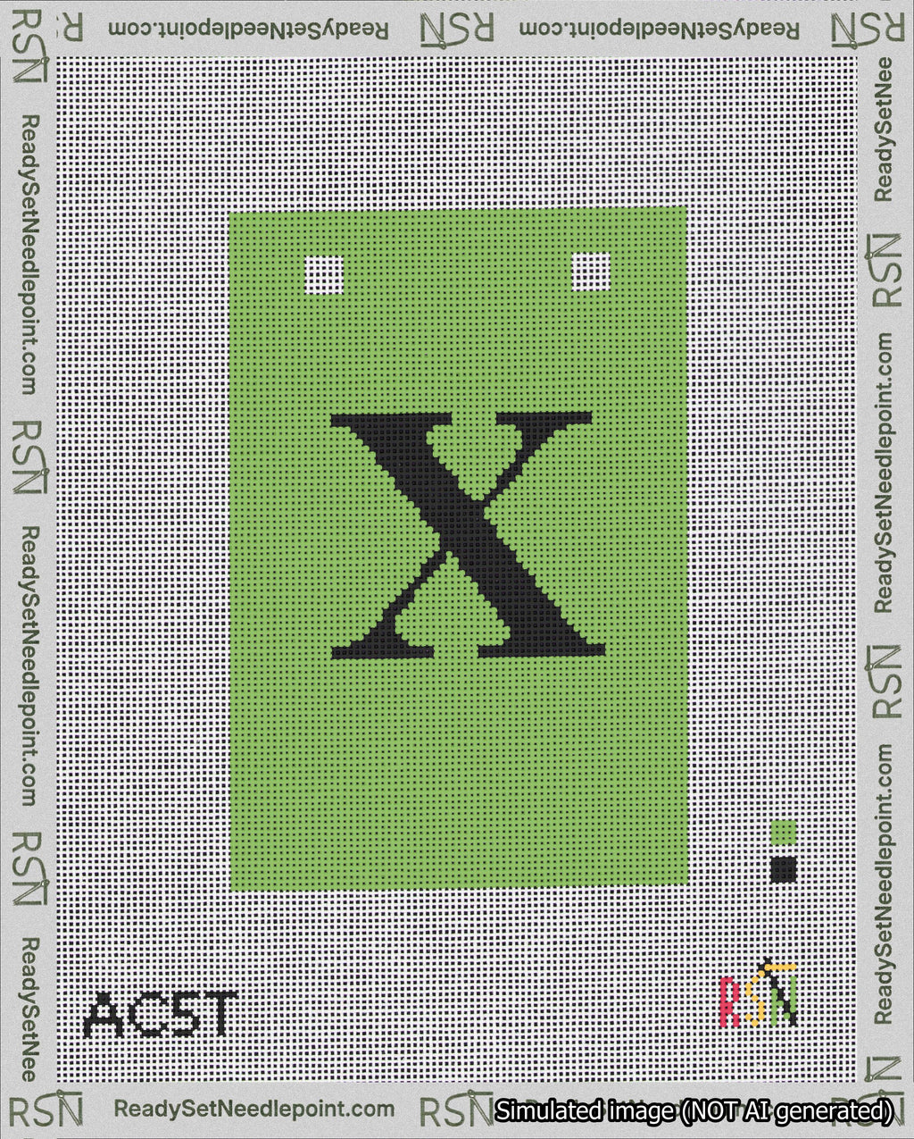 A taped needlepoint canvas with the design: Banner 18 mesh count Squared X Black on Light Green.