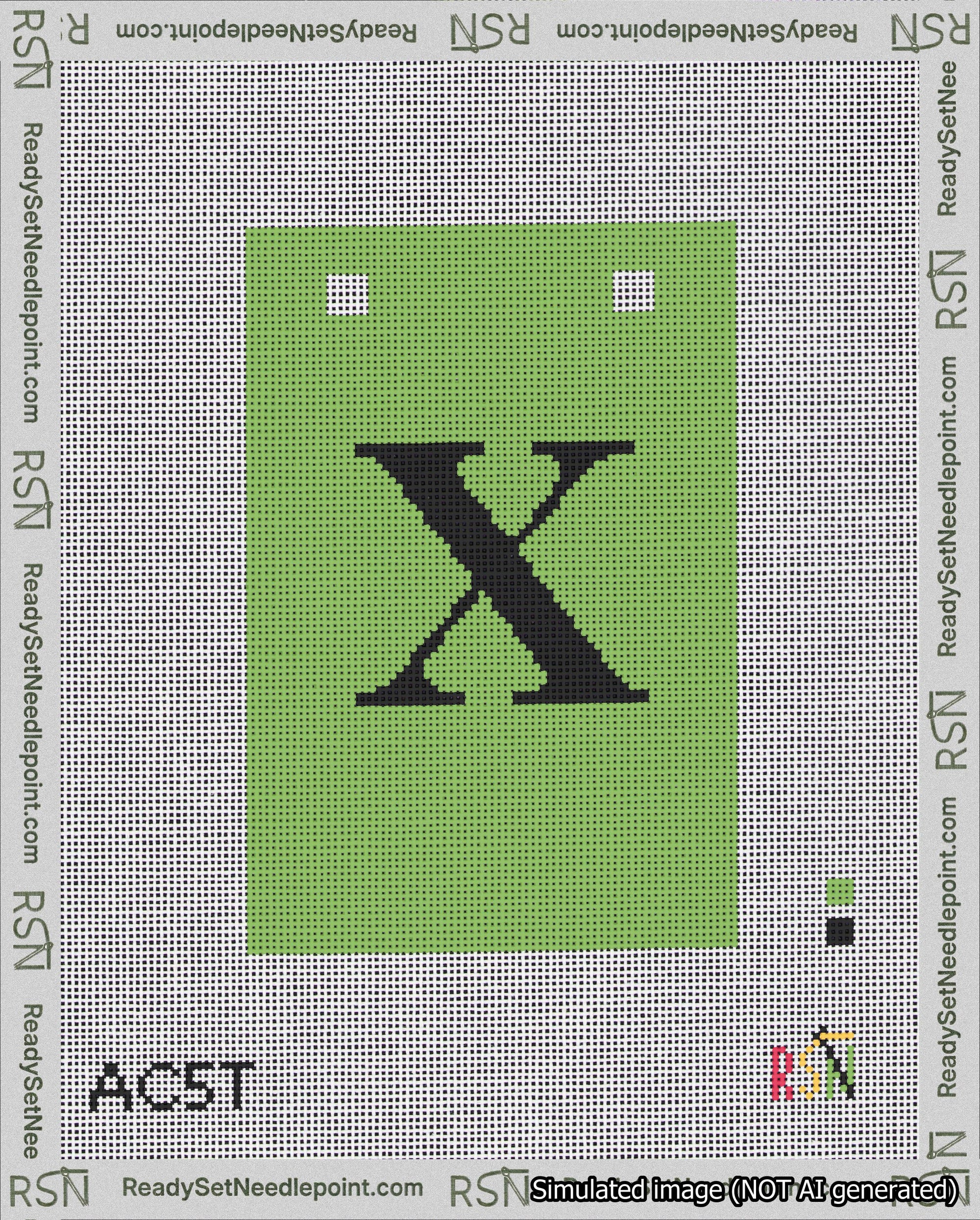 A taped needlepoint canvas with the design: Banner 18 mesh count Squared X Black on Light Green.