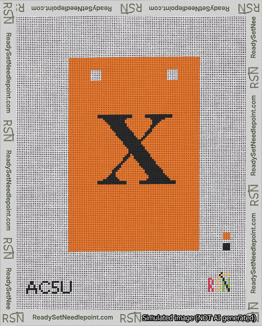 A taped needlepoint canvas with the design: Banner 18 mesh count Squared X Black on Orange.