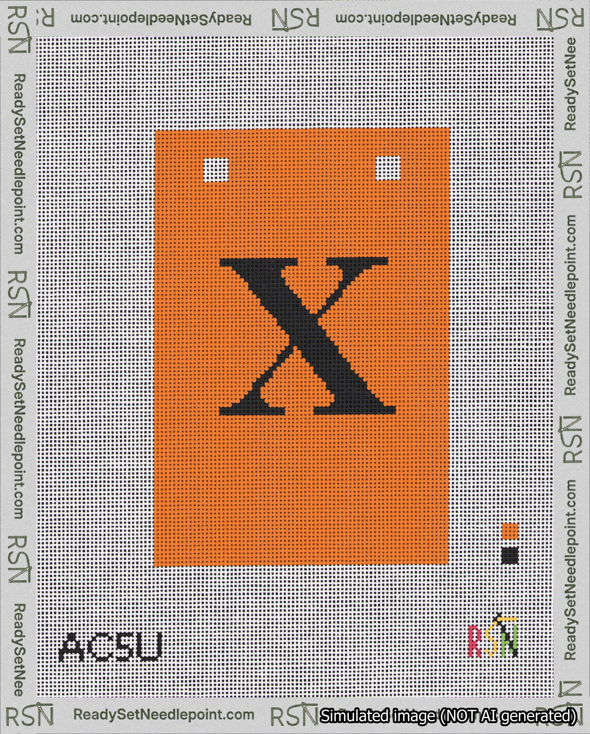 A taped needlepoint canvas with the design: Banner 18 mesh count Squared X Black on Orange.