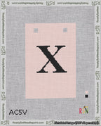A taped needlepoint canvas with the design: Banner 18 mesh count Squared X Black on Pink.