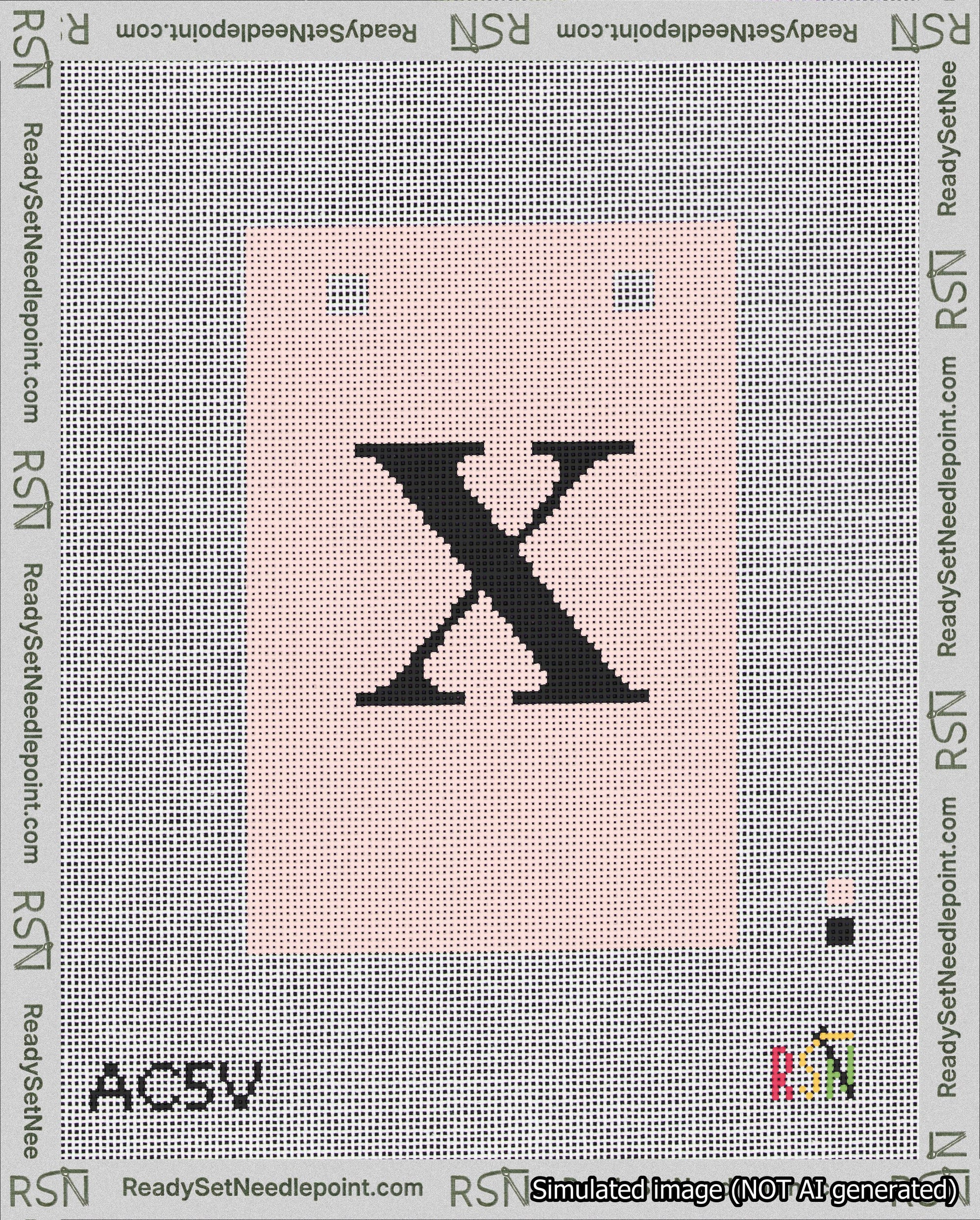 A taped needlepoint canvas with the design: Banner 18 mesh count Squared X Black on Pink.