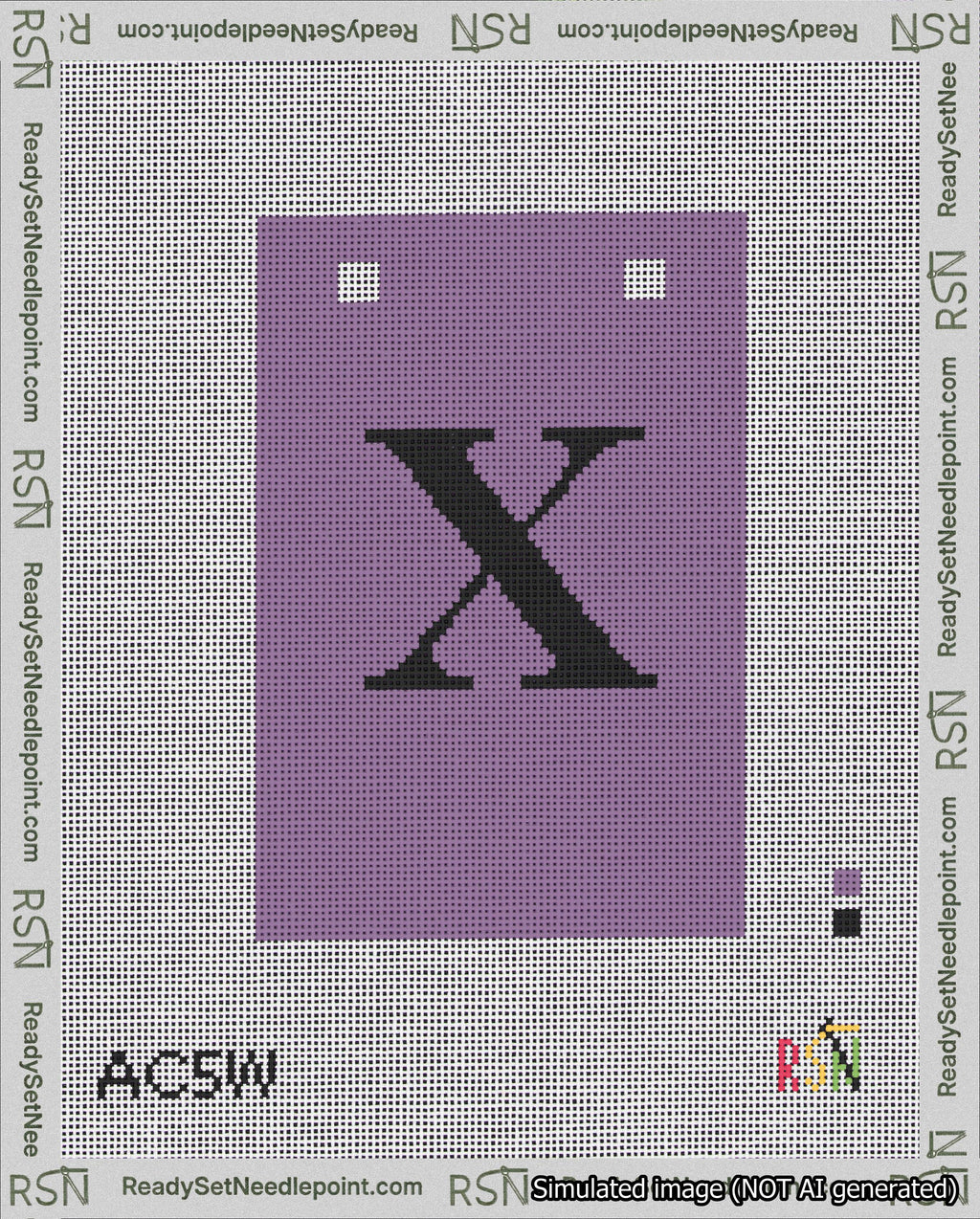 A taped needlepoint canvas with the design: Banner 18 mesh count Squared X Black on Purple.