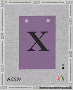A taped needlepoint canvas with the design: Banner 18 mesh count Squared X Black on Purple.