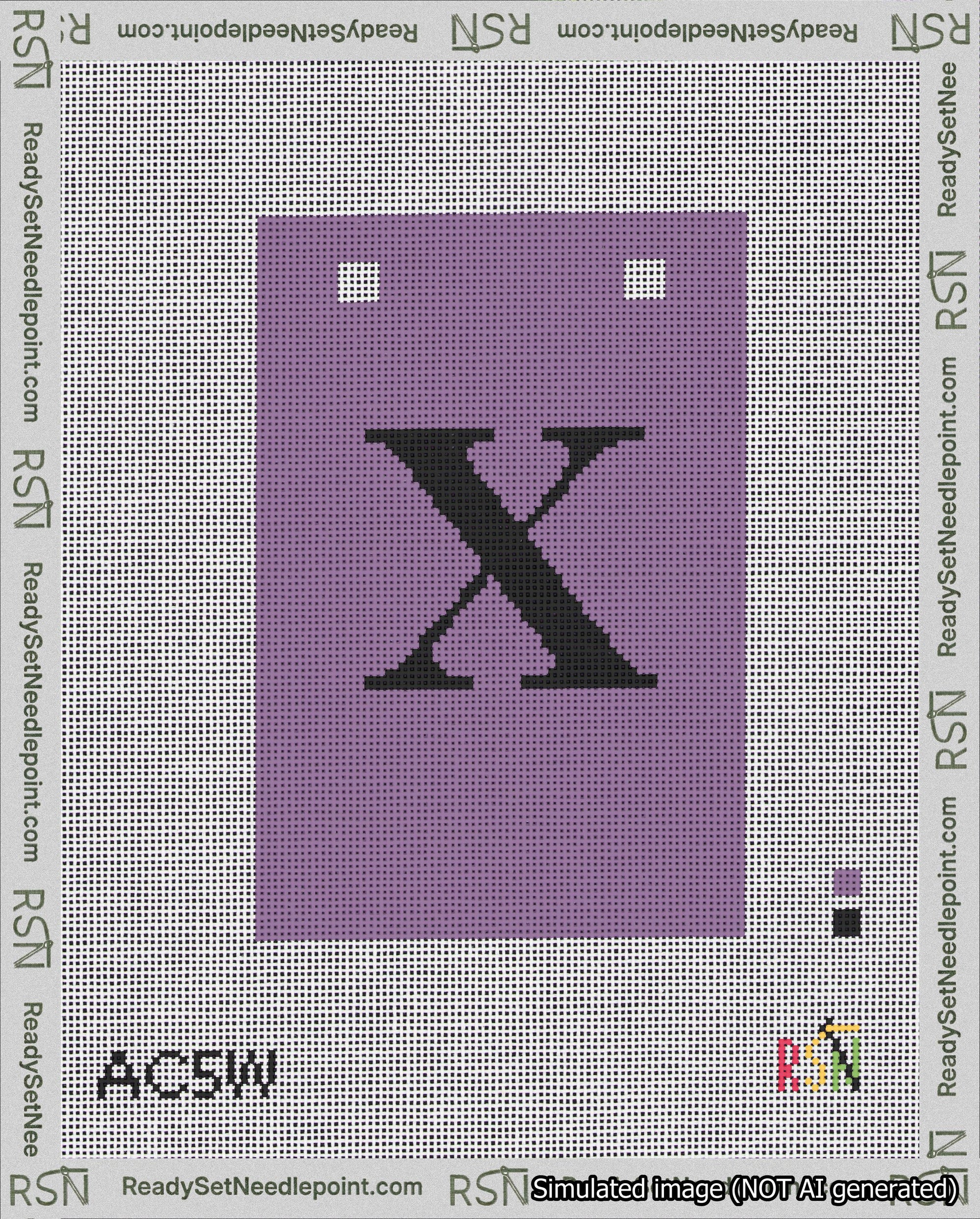 A taped needlepoint canvas with the design: Banner 18 mesh count Squared X Black on Purple.