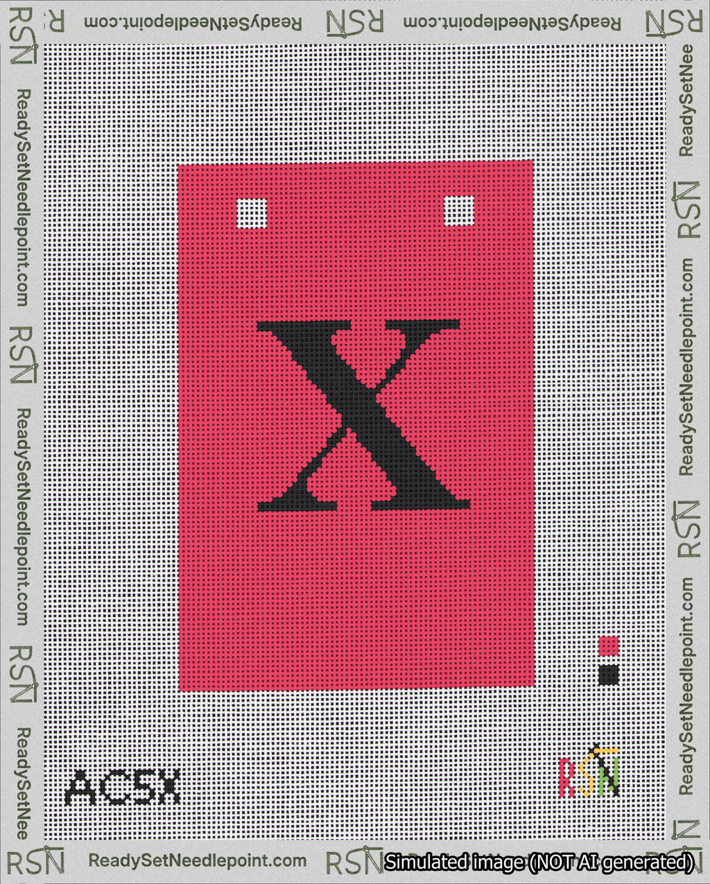 A taped needlepoint canvas with the design: Banner 18 mesh count Squared X Black on Red.