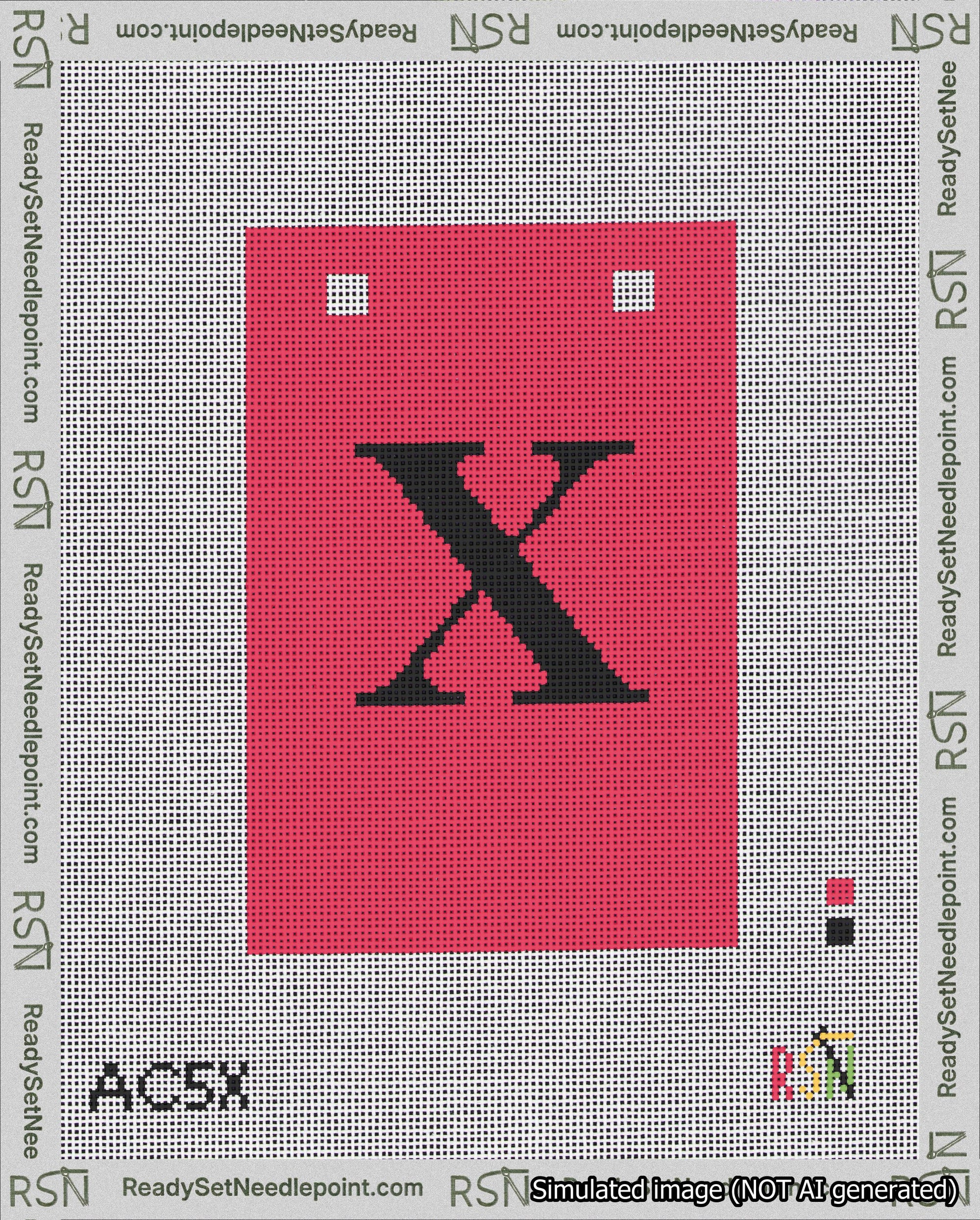 A taped needlepoint canvas with the design: Banner 18 mesh count Squared X Black on Red.