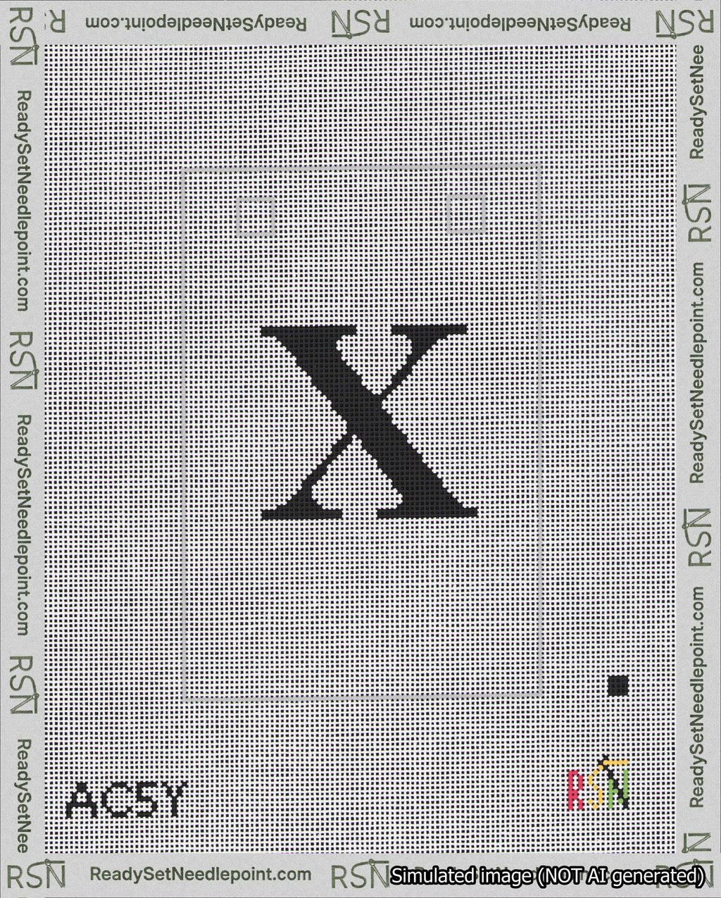 A taped needlepoint canvas with the design: Banner 18 mesh count Squared X Black on White.