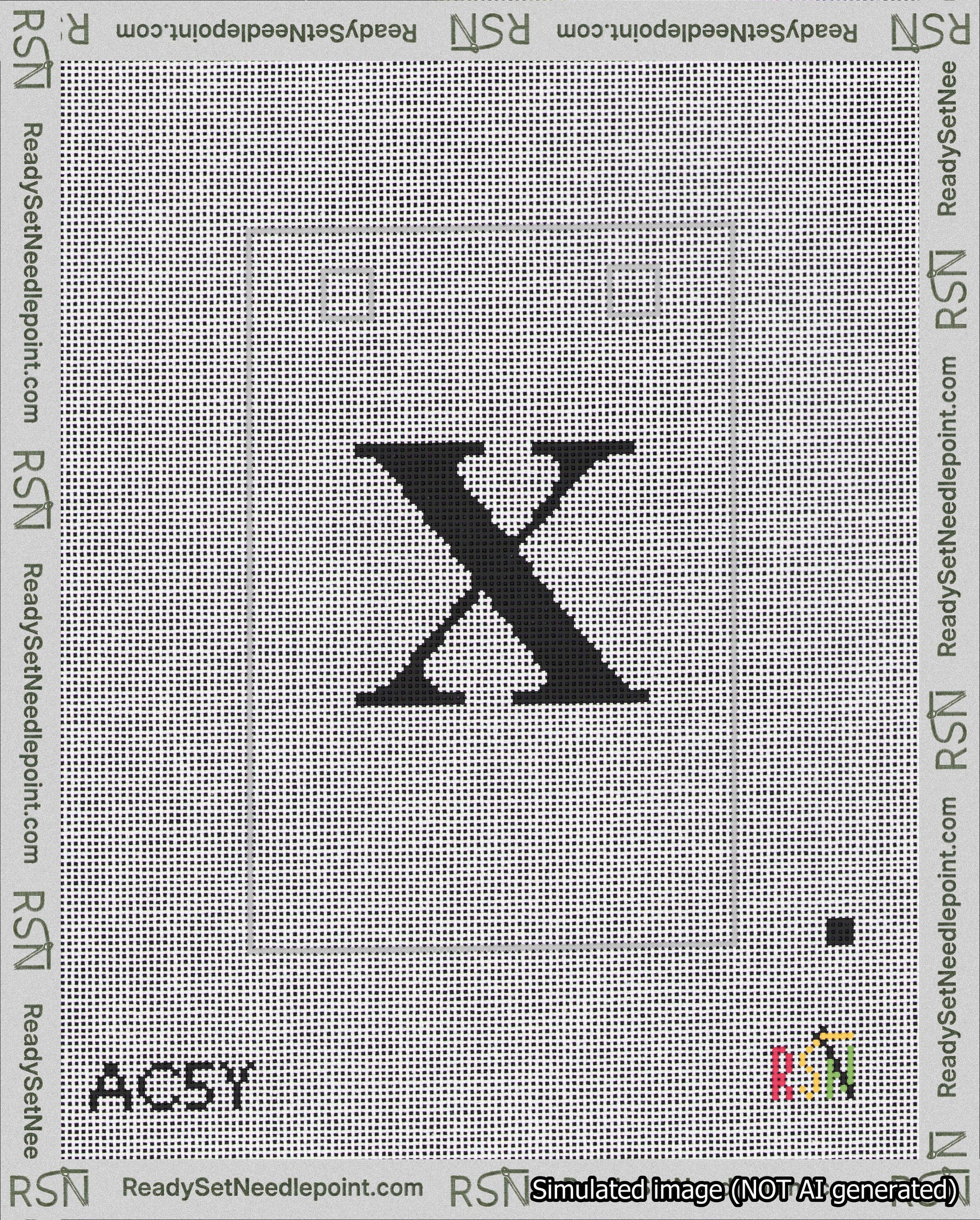 A taped needlepoint canvas with the design: Banner 18 mesh count Squared X Black on White.