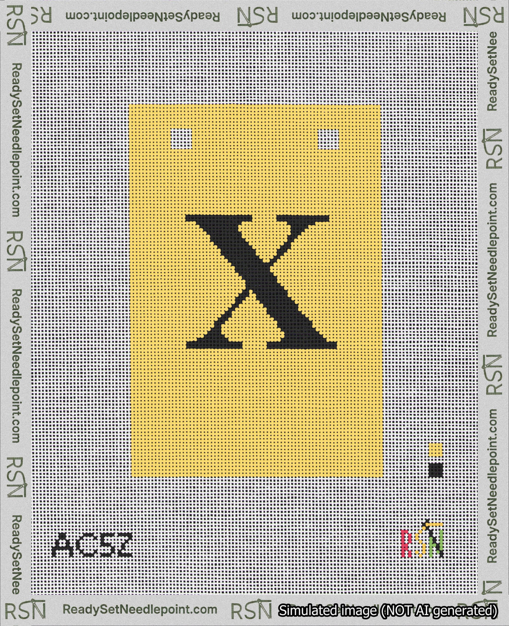 A taped needlepoint canvas with the design: Banner 18 mesh count Squared X Black on Yellow.