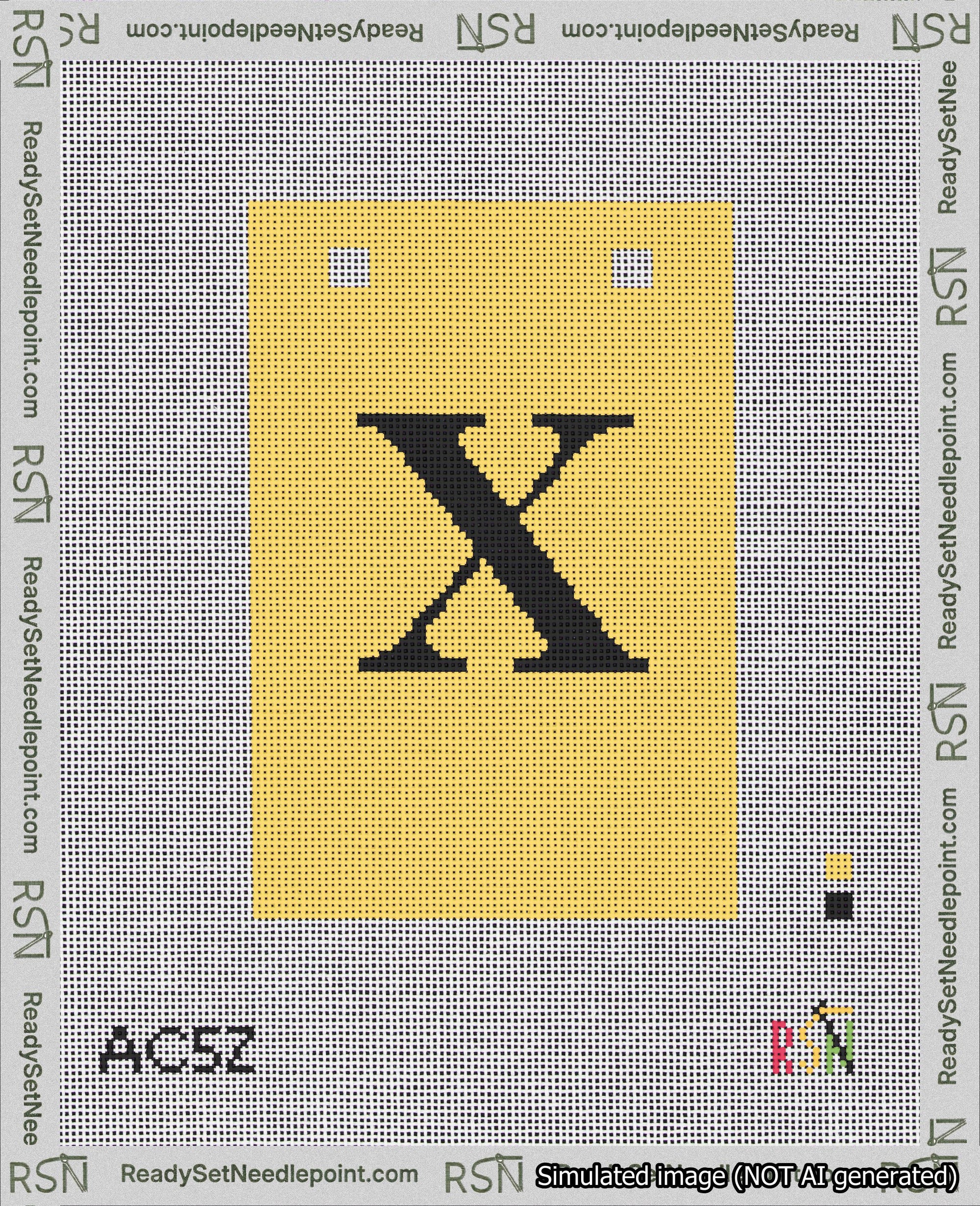 A taped needlepoint canvas with the design: Banner 18 mesh count Squared X Black on Yellow.