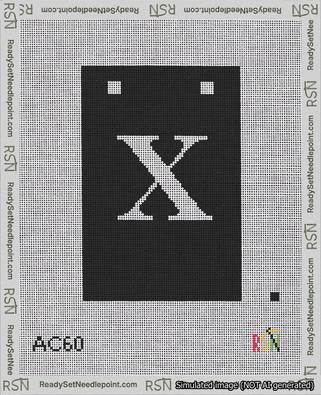 A taped needlepoint canvas with the design: Banner 18 mesh count Squared X White on Black.