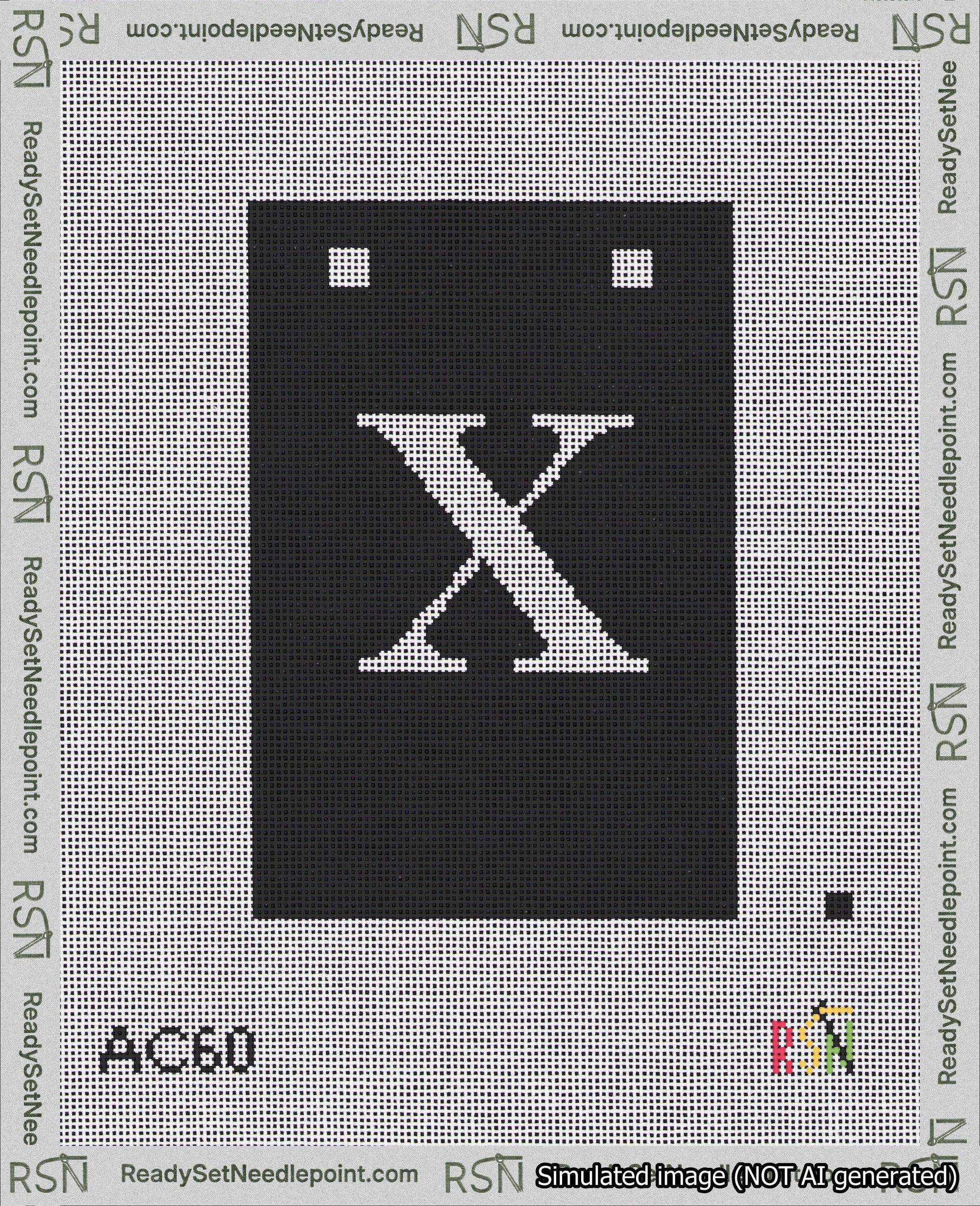 A taped needlepoint canvas with the design: Banner 18 mesh count Squared X White on Black.