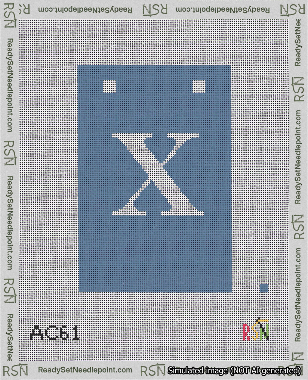 A taped needlepoint canvas with the design: Banner 18 mesh count Squared X White on Blue.